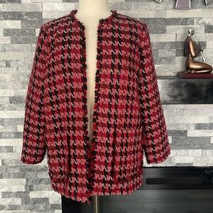 Chicos Tweed Blazer Jacket Red Black Open Face Cotton Fringe Women’s Size M/L  2